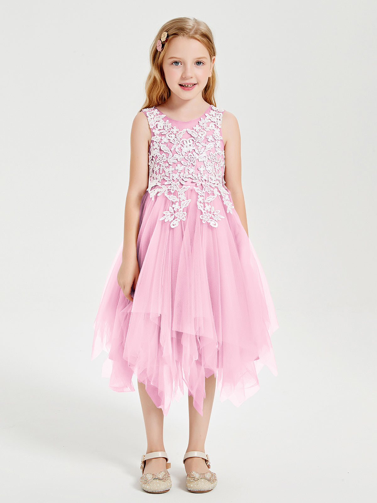Tea Length Tulle Junior Bridesmaid Dresses Candy Pink